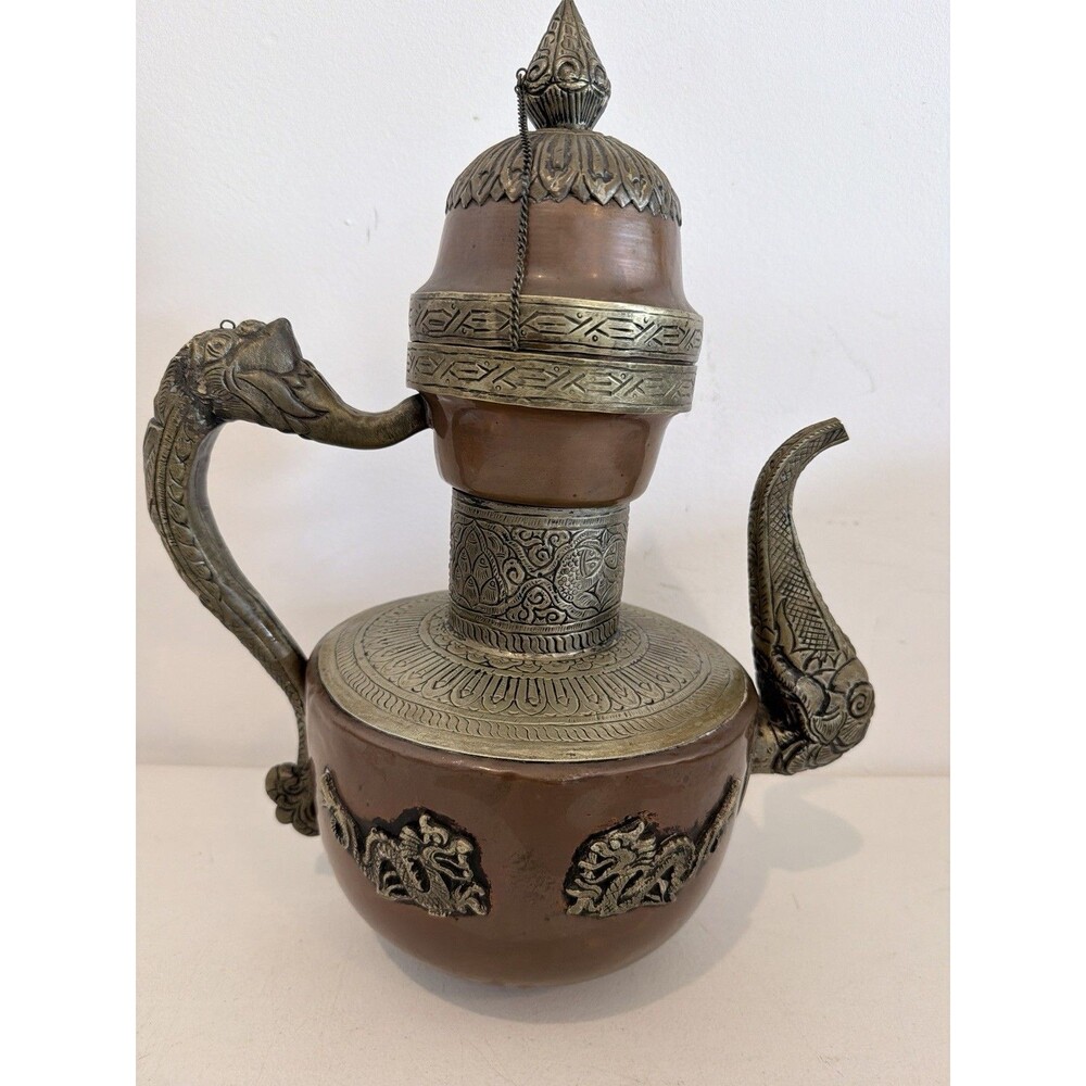 Antique Tibetan Tea Pot Ewer Copper With Silver Repose Decoration Asia Antique